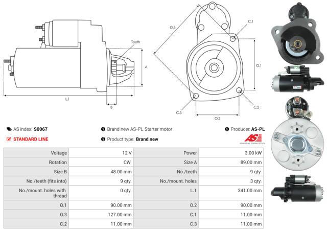Startmotor 12V 3.0kW (9 tænder)