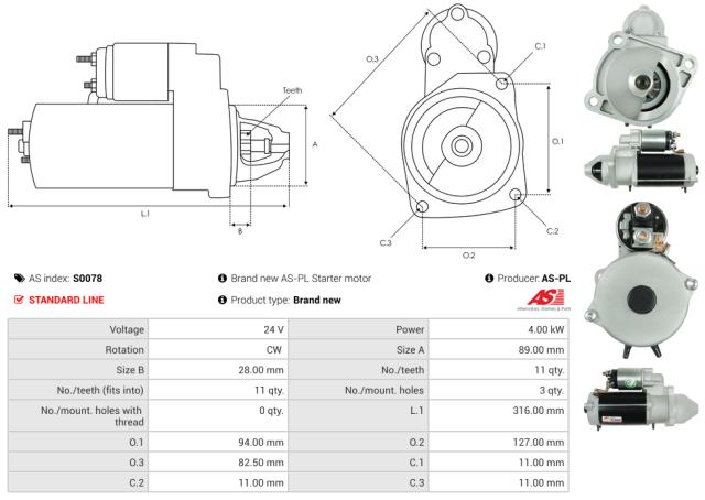 Startmotor 12V 4.0kW (11 tænder)