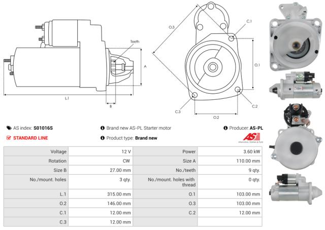 Startmotor 12V 3.6kW (9 tænder)
