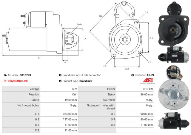 Startmotor12V 3.1kW (9 tænder)