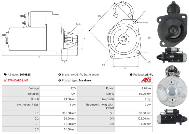Startmotor 12V 3.7kW (9 tænder)