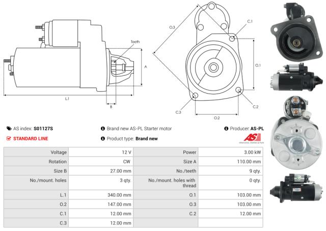 Startmotor 12V 3.0kW (9 tænder)
