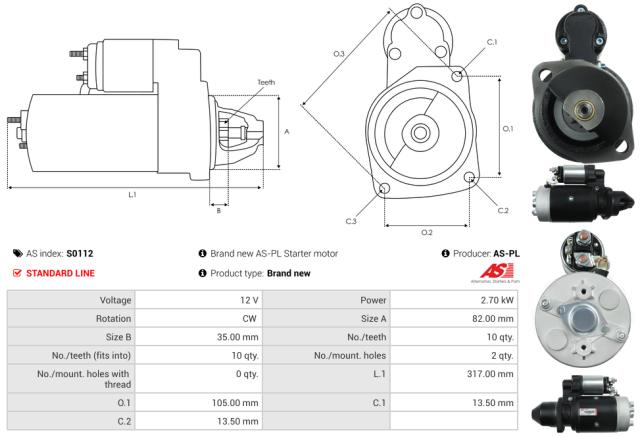 Startmotor 12V 2.7kW (10 tænder)