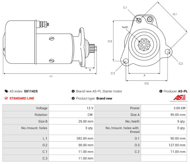 Startmotor12V 3.0kW (9 tænder)