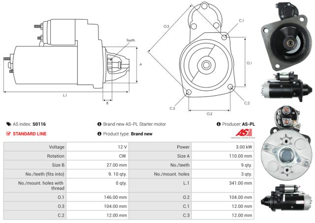 Startmotor 12V 3.0kW (9 tænder)