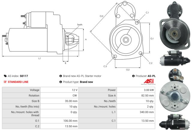 Startmotor 12V 3.0kW (10 tænder)