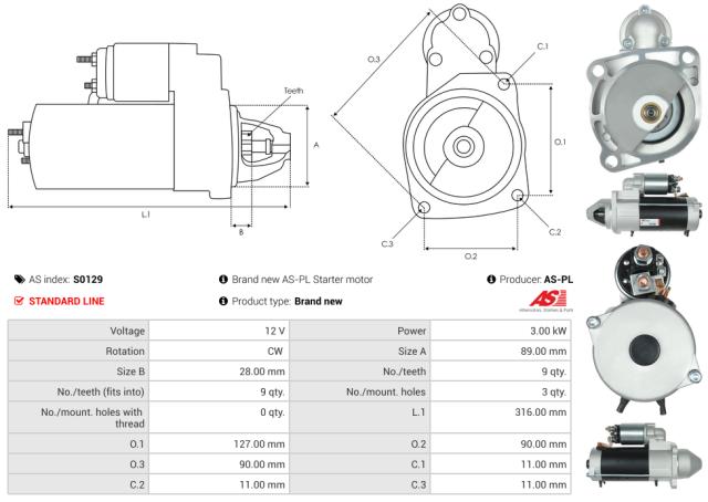 Startmotor 12V 3.0kW (9 tænder)