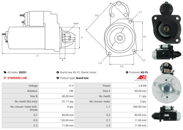Startmotor 12V 2.8kW (11 tænder)