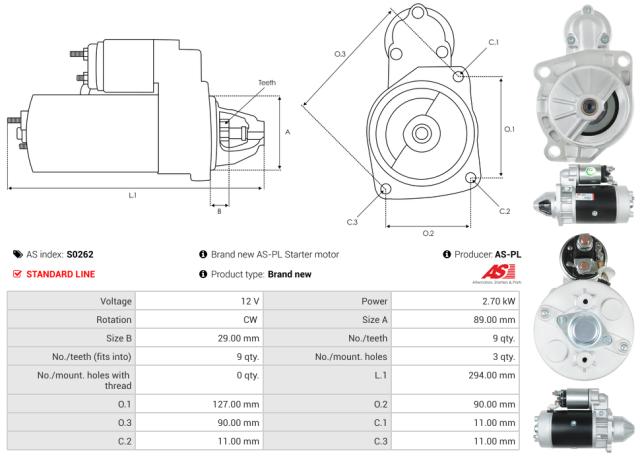Startmotor 12V 2.7kW (9 tænder)
