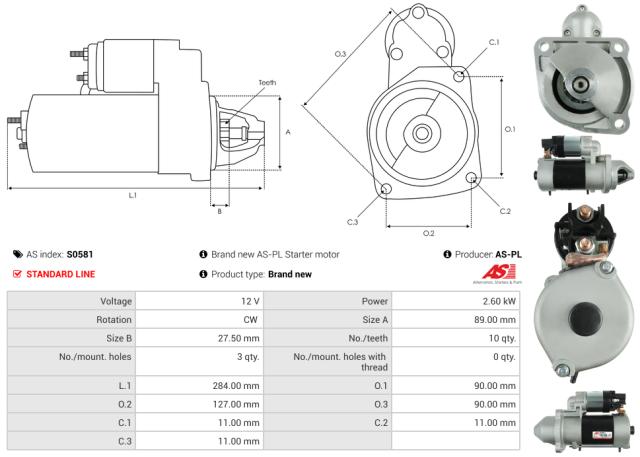 Startmotor 12V 2.6kW (10 tænder)