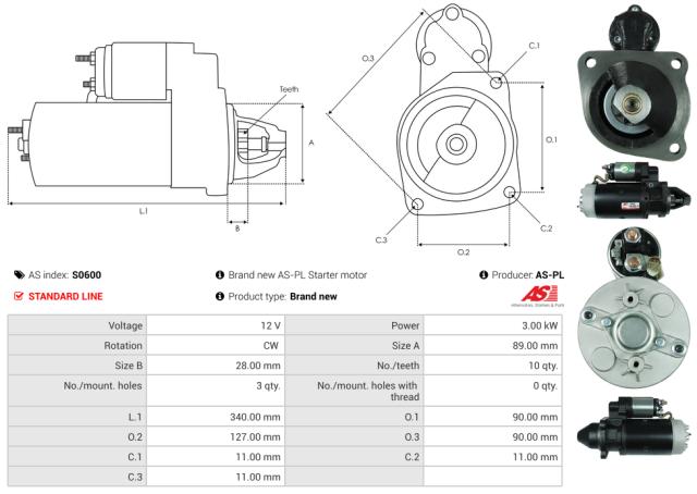 Startmotor12V 3.0kW (10 tænder)
