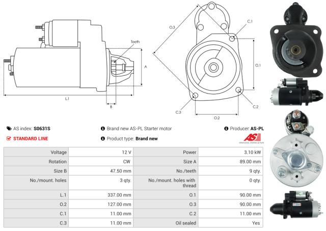 Startmotor12V 3.1kW (9 tænder)