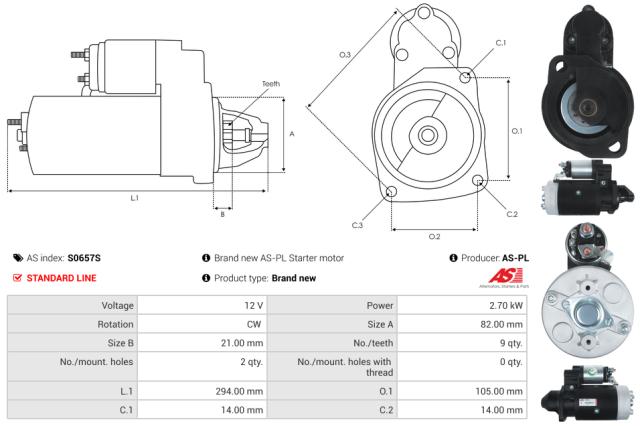 Startmotor 12V 2.7kW (9 tænder)