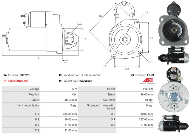 Startmotor 12V 2.8kW (10 tænder)