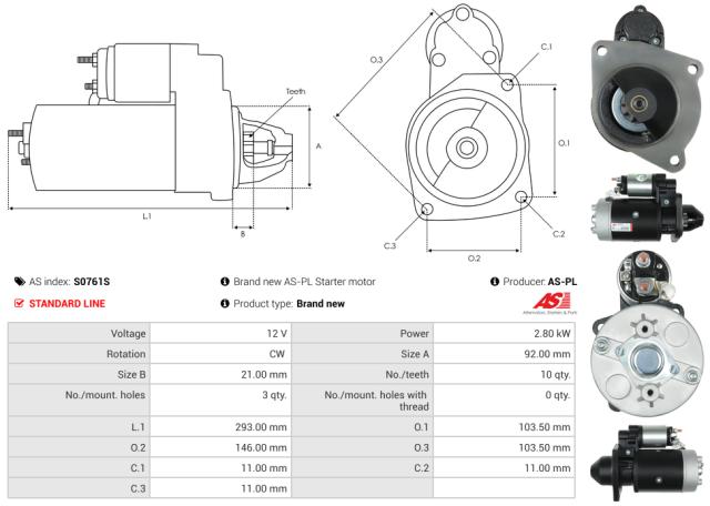 Startmotor 12V 2.8kW (10 tænder)