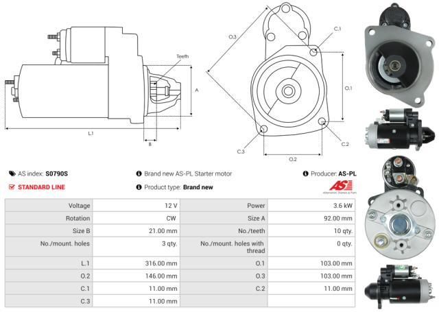 Startmotor 12V 3.6kW (10 tænder)