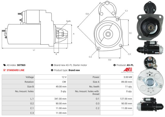 Startmotor12V 3.0kW (11 tænder)