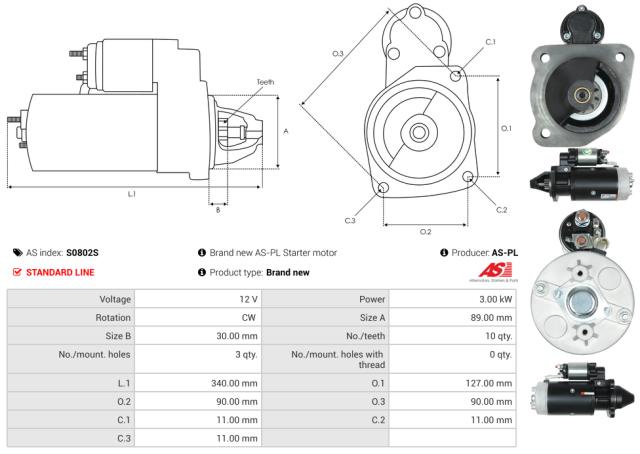 Startmotor 12V 3.0kW (10 tænder)