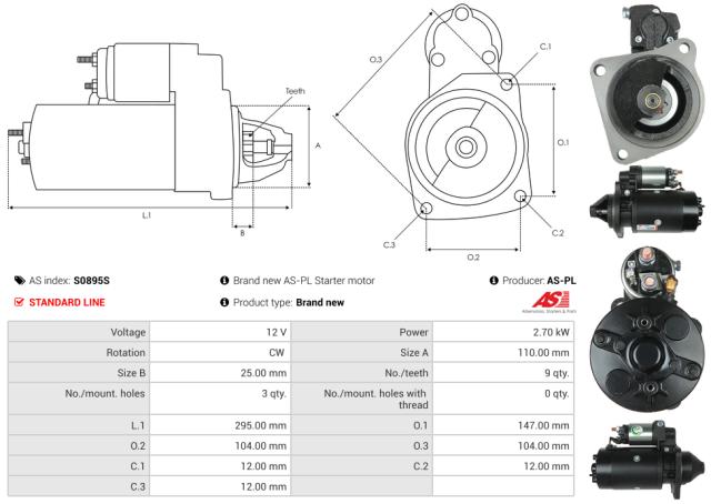 Startmotor 12V 2.7kW (9 tænder)