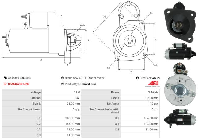 Startmotor 12V 3.1kW (10 tænder)