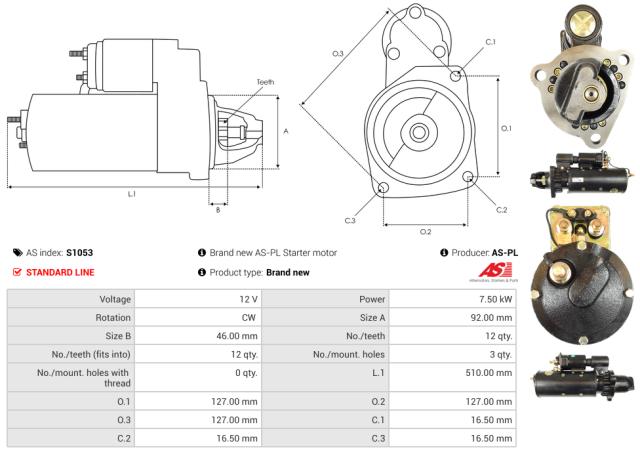 Startmotor12V 7.5kW (12 tænder)