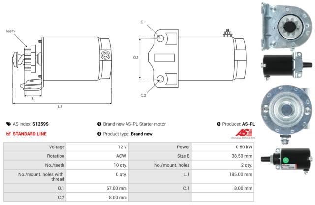 Startmotor12V 0.5kW (10 tænder)