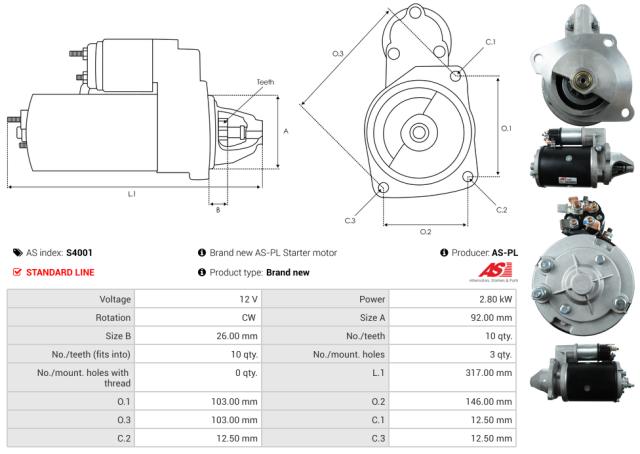 Startmotor 12V 2.8kW (10 tænder)