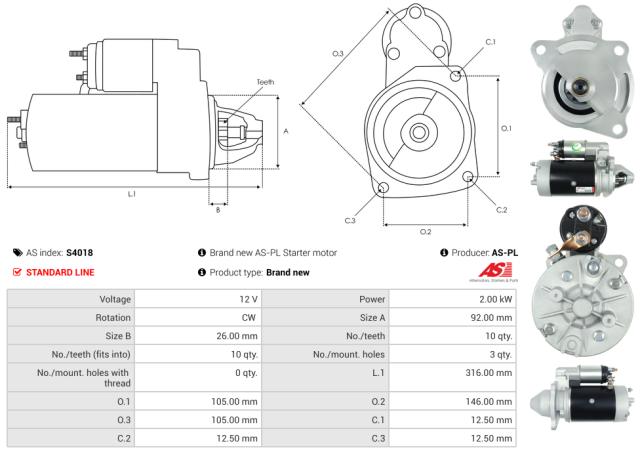 Startmotor 12V 2.0kW (10 tænder)