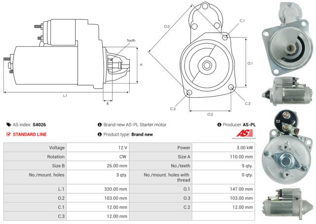 Startmotor 12V 3.0kW (9 tænder)