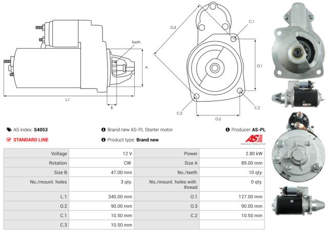 Startmotor 12V 2.8kW (10 tænder)