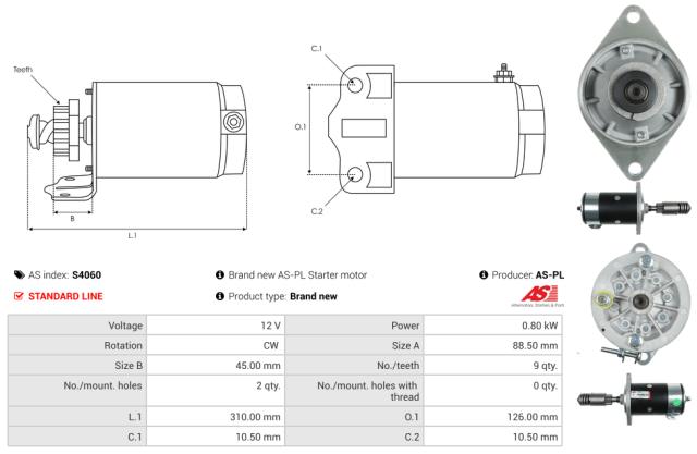 Startmotor12V 0.8kW (9 tænder)