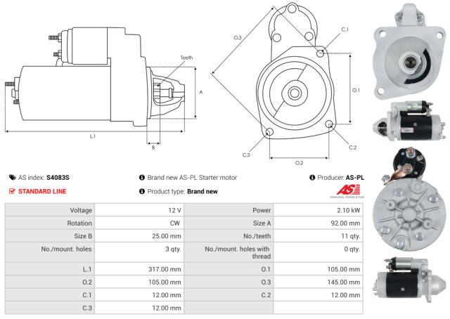 Startmotor12V 2.1kW (11 tænder)