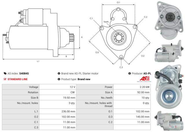 Startmotor12V 2.2kW (10 tænder)