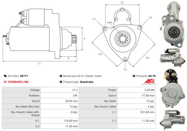 Startmotor12V 2.0kW (13 tænder)