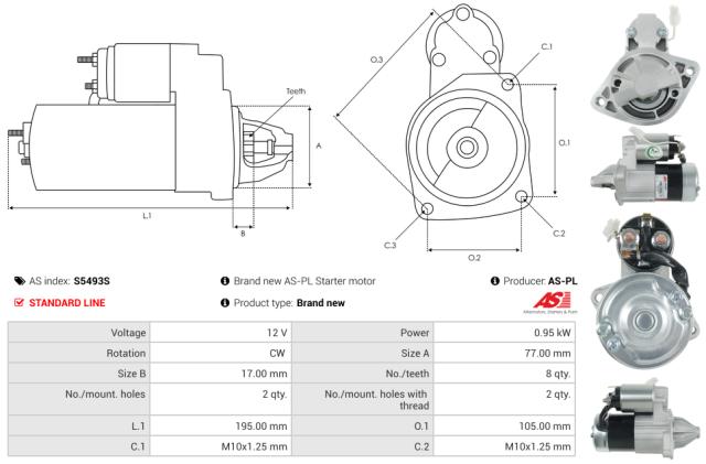 Startmotor12V 0.95kW (8 tænder)