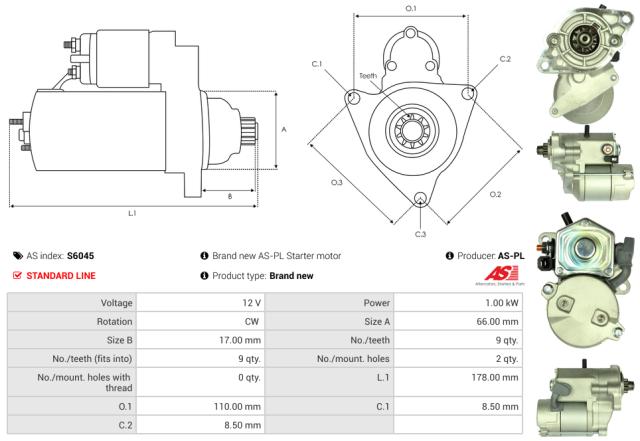 Startmotor12V 1.0kW (9 tænder)
