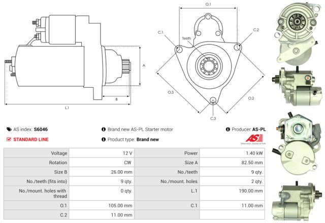 Startmotor12V 1.4kW (9 tænder)