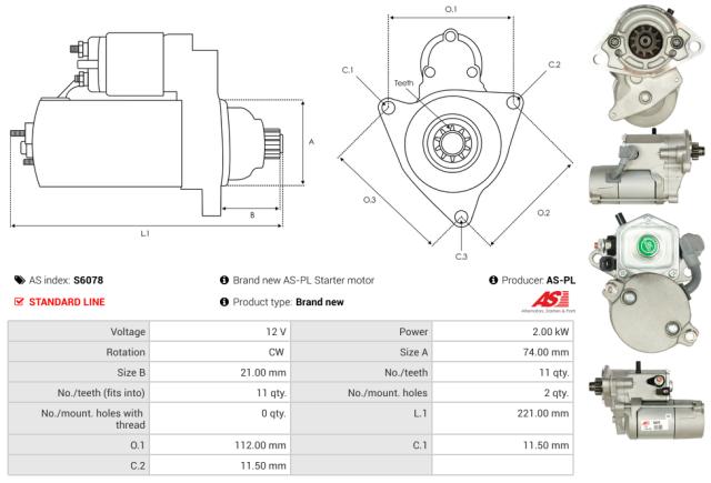 Startmotor 12V 2.0kW (11 tænder)