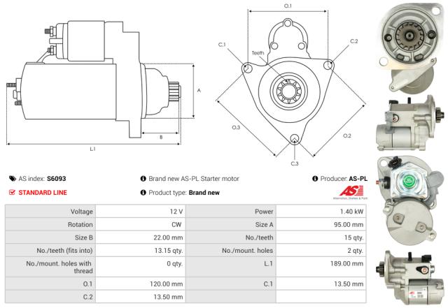 Startmotor12V 1.4kW (15 tænder)