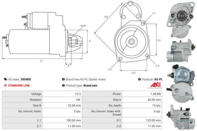 Startmotor 12V 1.4kW (15 tænder)