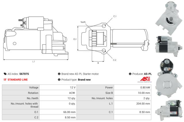 Startmotor12V 0.8kW (12 tænder)