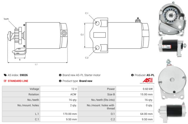 Startmotor12V 0.6kW (16 tænder)