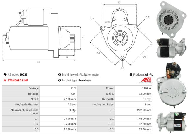 Startmotor 12V 3.0kW (10 tænder)