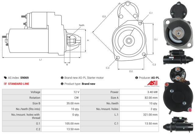 Startmotor 12V 3.4kW (10 tænder)