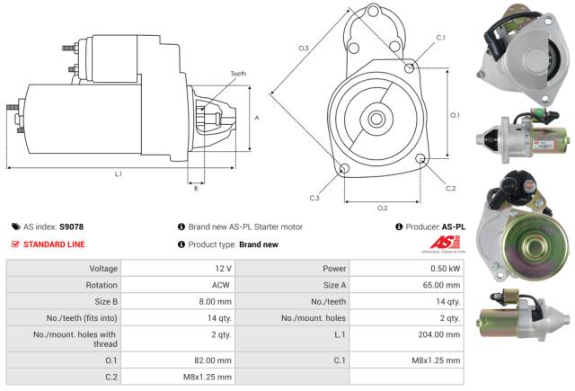 Startmotor12V 0.5kW (14 tænder)