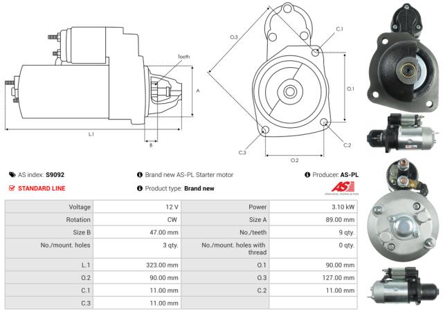 Startmotor12V 3.1kW (9 tænder)