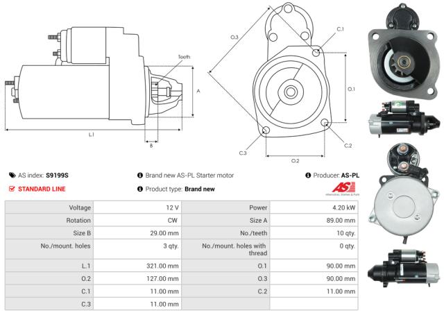 Startmotor 12V 4.2kW (10 tænder)