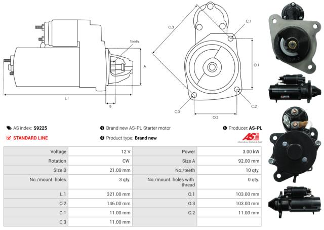Startmotor 12V 3.0kW (10 tænder)