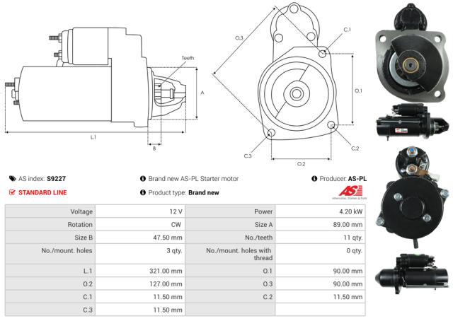 Startmotor 12V 4.2kW (11 tænder)