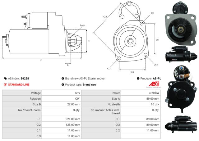 Startmotor 12V 4.2kW (10 tænder)